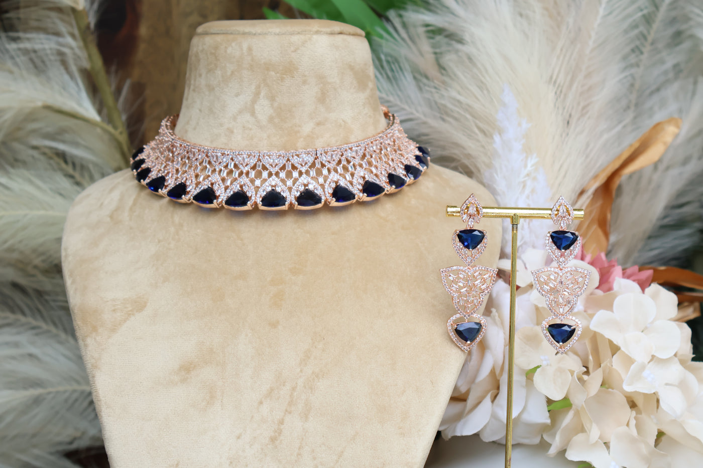 Rose Gold - Blue stones Choker set - Indian Secrets