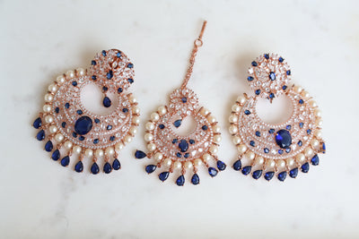 Chandbali blue stones Earring with Tikka - Indian Secrets