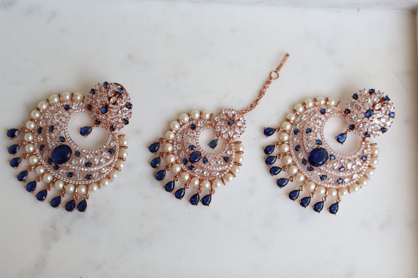 Chandbali blue stones Earring with Tikka - Indian Secrets