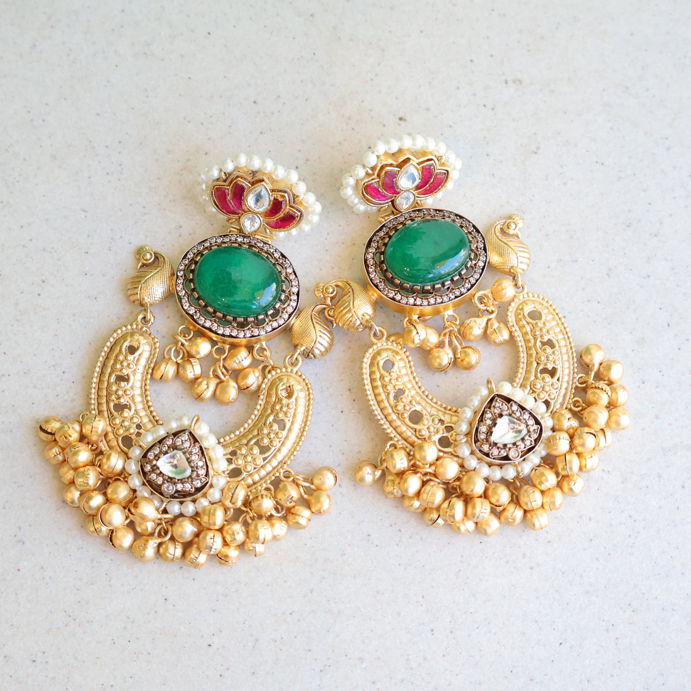 Emerald Lotus Temple Ghungroo Earrings