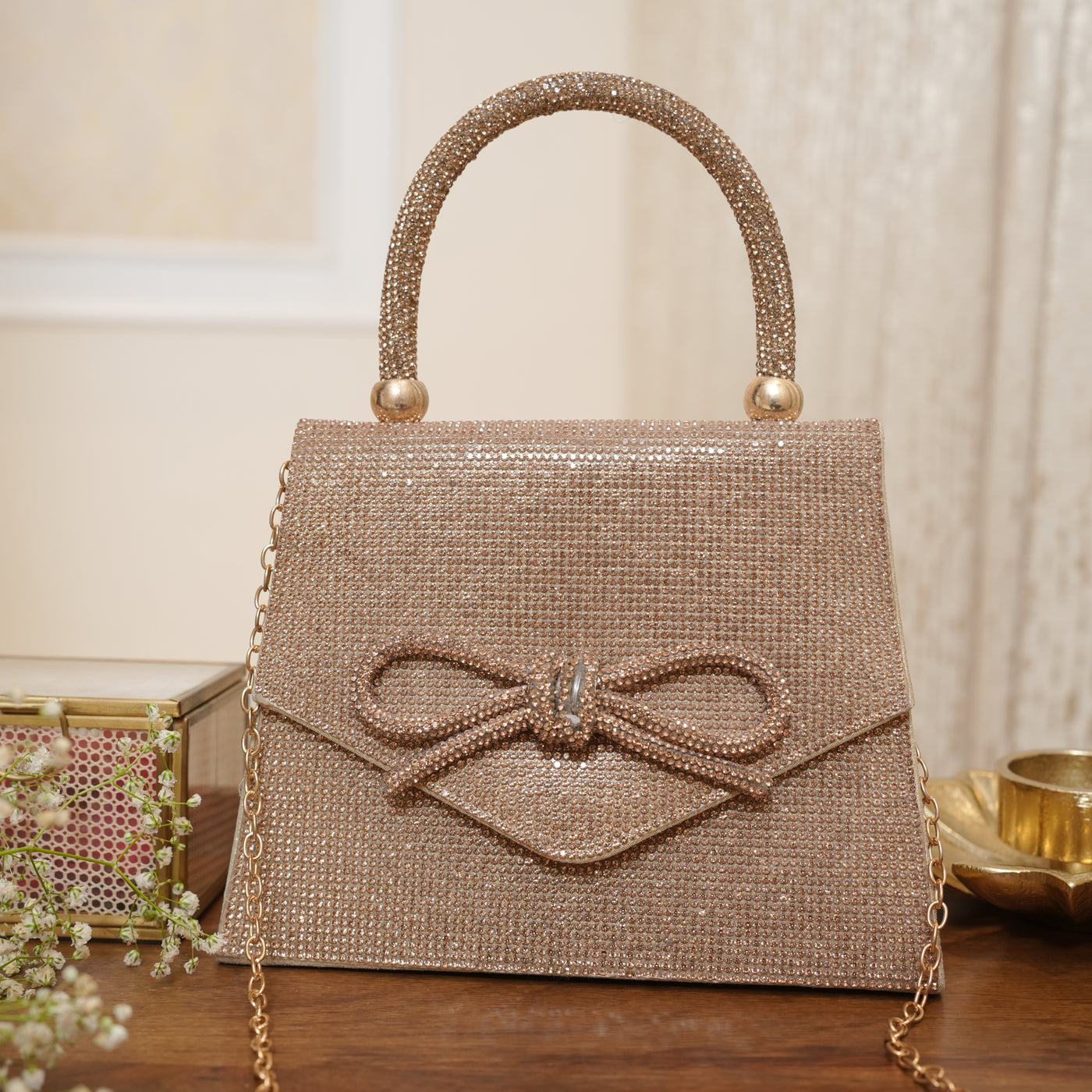 Crystal Bow Handle Flap Bag