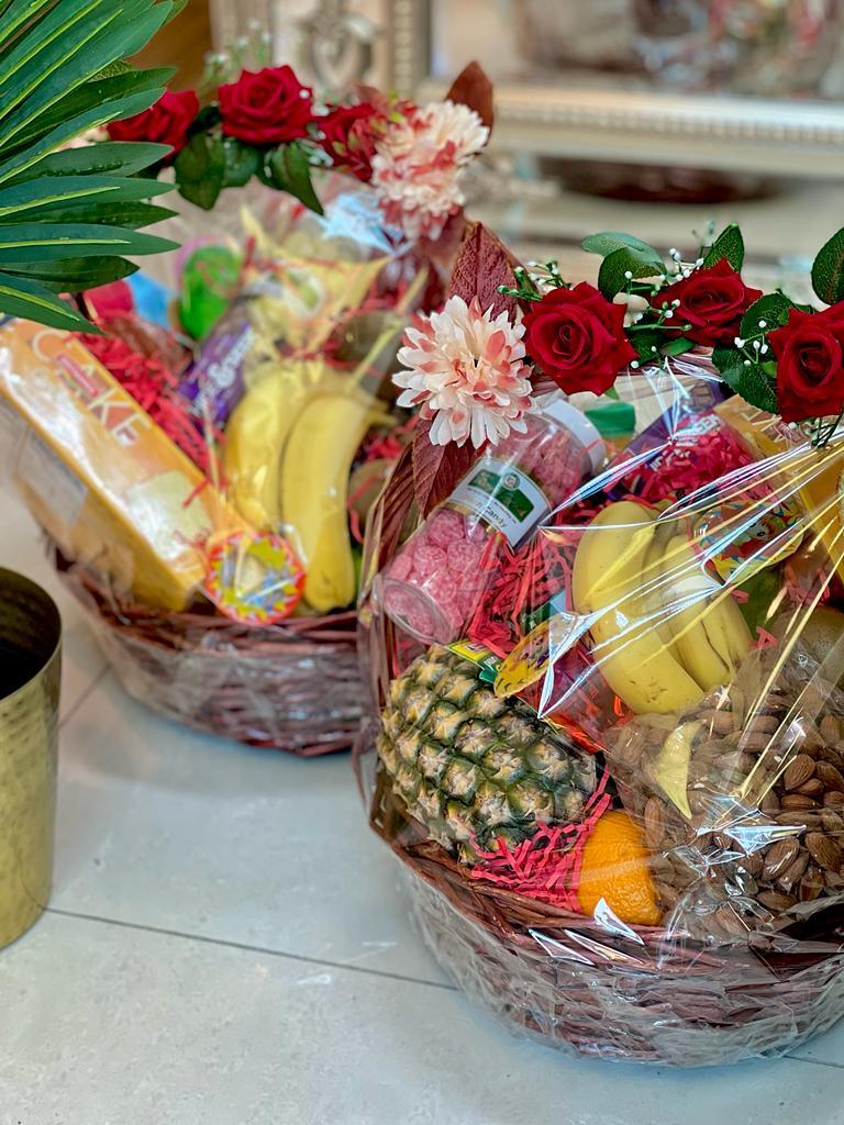 Confectionary Fruit Basket with Flowers - Indian Secrets